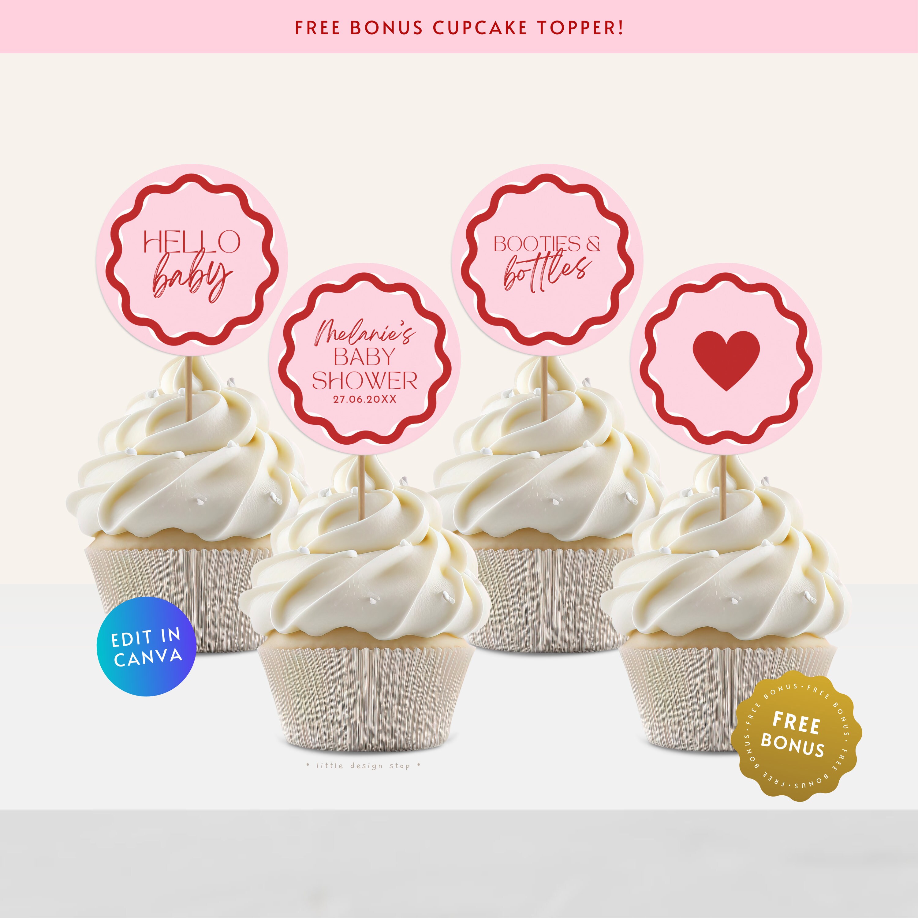 Toppers Border Retro Baby Shower Cupcake Toppers, Editable Wavy Border Cupcake Label ...