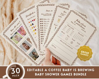 Coffee Bean Baby Shower Game BUNDLE, Editable Baby Is Brewing Baby Shower Group Game Pack,Handrawn Café Bébé Baby Shower Game Printable BA10