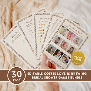 May include: A set of bridal shower games on cream cards with a decorative border. Games include "Guess the Dress," "He Said, She Said," and "Bridal Emoji." The bundle includes a "How Old Were They?" game and a "30 Pack" label.