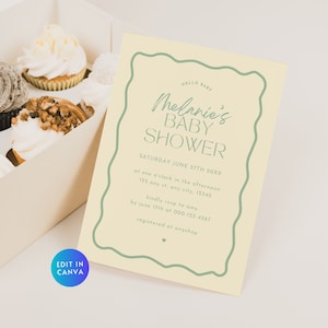 Sage Green Wavy Baby Shower Invitation, Retro Gender Neutral Wave Border Editable Printable Invite, Hello Baby Gender Reveal Sprinkle BS51