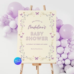 Butterfly Baby Shower Welcome Yard Sign, Editable Purple Wildflower Floral Baby Shower Large Poster, Butterflies Boho Lilac Template BS60