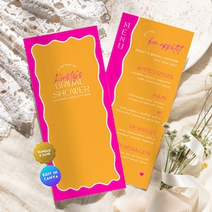 Hot Pink Orange Menu Bridal Shower,Retro Wavy Hen Bachlorette Party Dinner Menu Program,Veuve Before Vows Disco 70s DIY Table Printable BR20