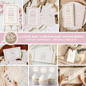 May include: A collection of baby shower stationery with a coffee theme. The items include invitations, thank you cards, and cupcake toppers, all featuring a pink illustration of a building. The text "A Coffee Baby Is Brewing" is also visible.