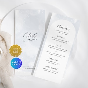 On Cloud Nine Menu Card Baby Shower, Minimalist Editable We’re On Cloud 9 Modern DIY Menu Program Canva Template Printable, Boho Cloudy BS40