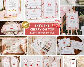 60+ Cherry On Top Baby Shower BUNDLE, Little Cherry Baby Shower Decor Pack,Cherry Coquette Bow  Baby Girl Shower Set,Cherry Theme Party BA20