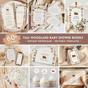 60+ Woodland Fall Baby Shower BUNDLE, Boho Forest Friends Baby Shower Party Decor Pack, Camper Autumn Gender Reveal Invite Welcome Set BS95