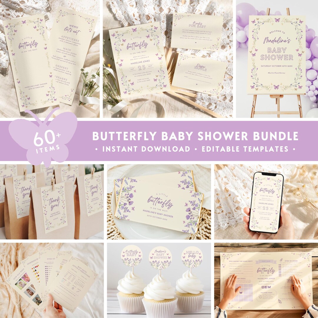 60+ Butterfly Baby Shower BUNDLE, Editable Purple Floral Baby Shower ...