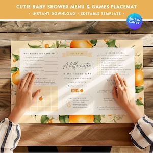 Cutie Baby Shower Menu Placemat, Orange Citrus Baby Shower Menu Game Activity Mat, Summer Gender Reveal Party Table Decor Set Template BS70