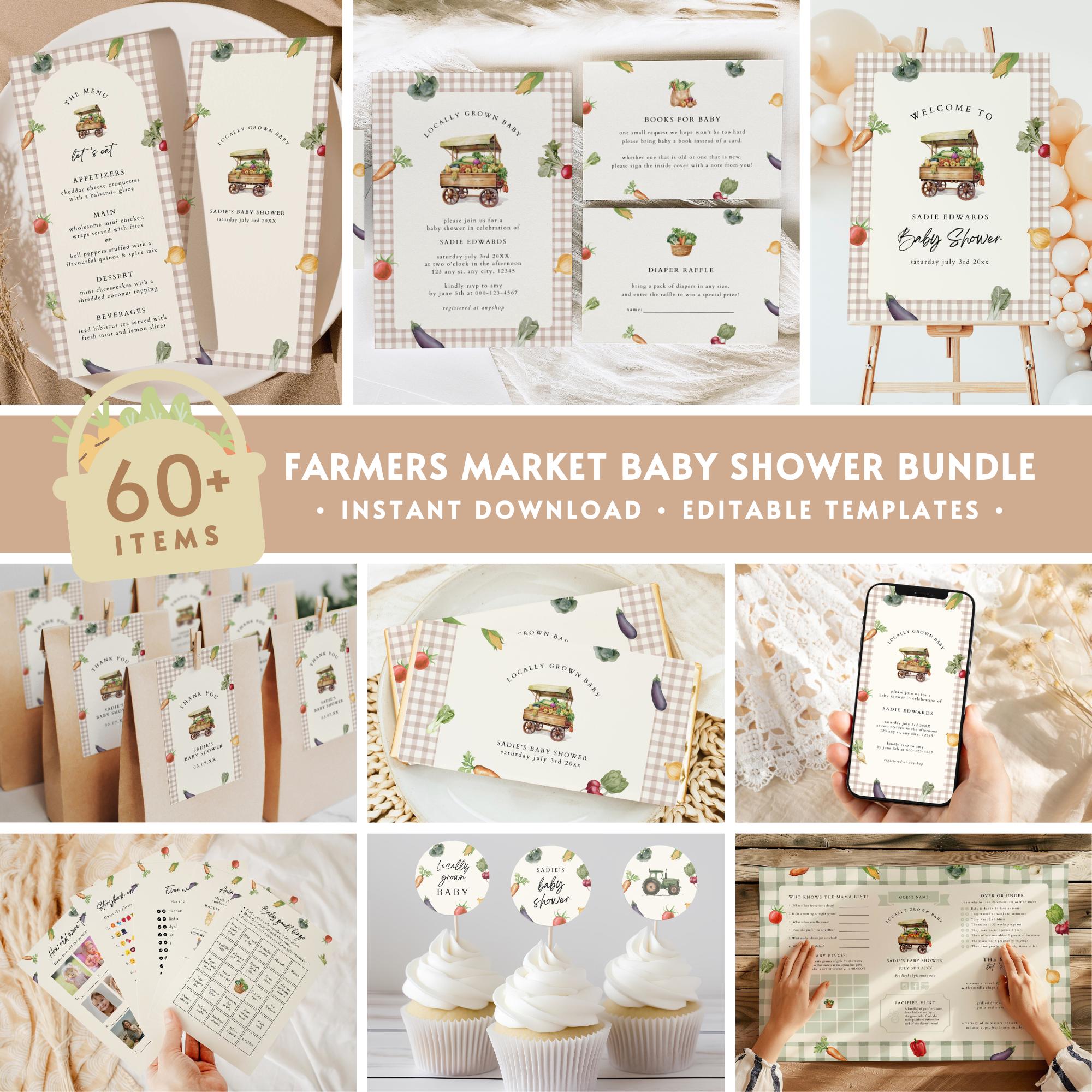 60+ Farmers Market Baby Shower BUNDLE, Boho Locally Grown with Love Baby Shower Decor Pack, Farm Fresh Gender Reveal Party Invite Set BS91