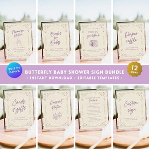 Butterfly Baby Shower Table Sign BUNDLE, Editable Purple Lilac Floral Gender Reveal Table Decor Printable Set, Message Bump Diaper Sign BS60