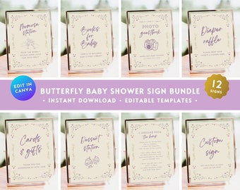Butterfly Baby Shower Table Sign BUNDLE, Editable Purple Lilac Floral Gender Reveal Table Decor Printable Set, Message Bump Diaper Sign BS60