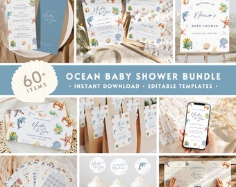 60+ Ocean Baby Shower BUNDLE, Editable Under the Sea You Soon Baby Shower Invitation Decor Pack, Nautical Boy Baby Shower Set Sign Game BS80