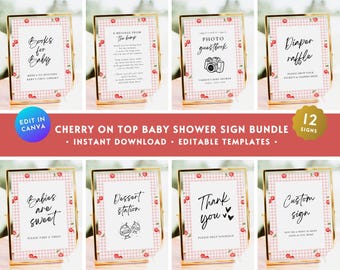Cherry On Top Baby Shower Sign BUNDLE, Little Cherry Baby Shower Table Sign Set, Cherry Coquette Bow Baby Girl Shower Table Decor Sign BA20