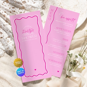 Retro Bridal Shower Menu Card, Disco 70s Pink Wavy Bachelorette Hen Party Dinner Menu Program,DIY Groovy Table Decor Printable Template BR21