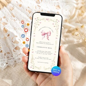 May include: A pink and white baby shower invitation with a floral border and a pink bow. The text reads "Sweet Bows & Tiny Toes" and includes the date, time, and location of the shower. The invitation also includes the name of the baby, Charlotte Mill.
