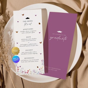 Butterfly Graduation Menu Card, Purple Wildflower Graduate Dinner Menu Program, Boho Floral Monarch Butterflies Grad Party Table Menu GR12