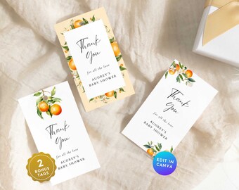 Puede incluir: Dos etiquetas de agradecimiento naranja y blanca con una ilustración de acuarela de flores de azahar y fruta. El texto en las etiquetas dice "Gracias por todo el amor Baby Shower de Audrey".
