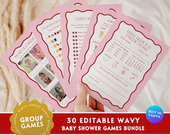 May include: A set of 30 printable baby shower games with pink and red wavy borders. The games include "How Old Were", "Storybook", "Over or Under", "Animal Match", and "Baby Advice & Predictions".