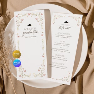 May include: A printable graduation menu template with a floral border and butterflies. The menu includes appetizers, main course, dessert, and beverages. The text on the menu says "The Menu Let's Eat".