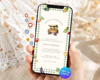 Farmers Market Baby Shower Phone Invitation, Locally Grown Shower Digital Invite, Grown With Love Baby Sprinkle Mobile Evite Template BS90