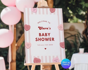 Könnte beinhalten: Ein rosa-weiß gestreiftes Babyparty-Schild mit roten Herzen und dem Text "Willkommen zur Babyparty von Clara, 14. Februar 20XX".