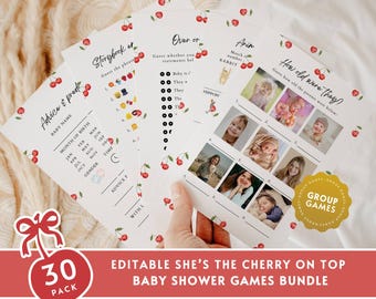 Cherry Baby Shower Game BUNDLE, Little Cherry On Top Baby Shower Group Game Pack, Cherry Coquette Bow Girl Baby Shower Game Printable BA20
