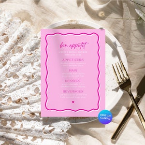 Retro Bridal Shower Menu Card, Disco 70s Pink Wavy Bachelorette Hen Party Dinner Menu Program, Groovy Table Decor Printable Template BR21