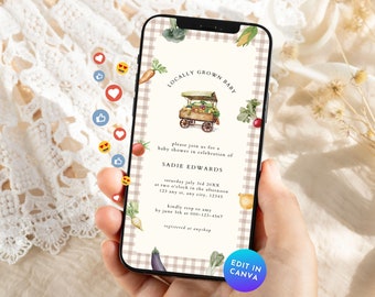 Farmers Market Baby Shower Phone Invitation,Locally Grown With Love Shower Text Invite,Boho Country Baby Sprinkle Mobile Evite Template BS91
