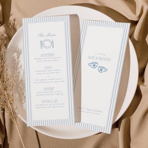 Blue Baby is Brewing Baby Shower Menu Card, Coffee Boy Baby Shower Party Dinner Menu Program, French Cafe Bebe Table Menu Template BA18