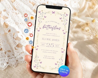 Butterfly Bridal Shower Invitation Mobile Phone, Lifetime of Butterflies Digital Invite Template, Purple Floral Bachelorette Hen Text BR30