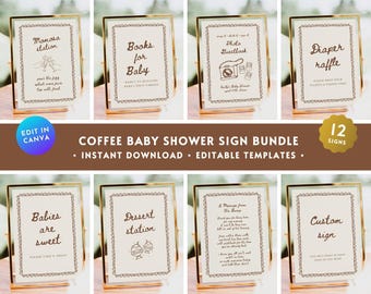 Cafe Bebe Baby Shower Sign BUNDLE, Coffee Bean Baby Shower Table Sign Set, Boho Baby Is Brewing Handrawn Aesthetic Doodle Decor Sign BA10