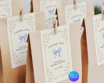 Blue Bow Bridal Shower Favor Tag, Tying the Knot Bachelorette Thank You Bridesmaid Gift Tag, Coquette Ribbon Hen Party Tag Printable BR36