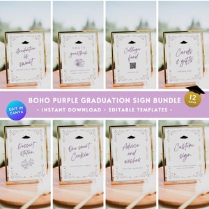 May include: A set of 12 printable graduation signs in a boho purple theme. The signs feature a variety of text, including "Graduation is sweet", "Photo Guestbook", "College Fund", "Cards & Gifts", "Dessert Station", "One Smart Cookie", "Advice and Wishes", and "Custom Sign".