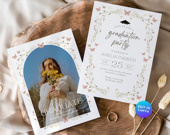 Wildflower Boho Graduation Invitation, Personalised Photo Pink Graduate Announcement Invite, Editable Floral Grad Party Printable Card GR10