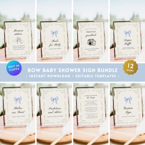 Può includere: Un set di 12 cartelli stampabili per una baby shower a tema fiocco blu e bianco. I cartelli includono titoli come "Stazione Mimosa", "Libri per il Bebè", "Album Fotografico degli Ospiti", "Lotteria dei pannolini", "I bebè sono dolci", "Predizioni e consigli", "Un messaggio dalla pancia", e "Cartello personalizzato".