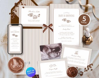 Coffee Baby Shower Invitation Bundle, Baby is Brewing Invite Suite, Cafe Bebe Invitation Set, Paris Book Diaper Insert Thank You Set BA16