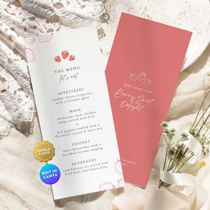 Sweet Berry Baby Shower Menu Card, Strawberry Summer Baby Party Decor Dinner Menu,DIY Pink Red Table Setting Program Template Printable BS75