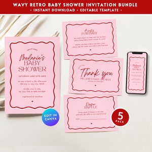 Retro Wavy Baby Shower Invitation Set Bundle, Pink & Red Wave Border Invite, Book Baby Diaper Raffle Request Insert Thank You Printable BS50
