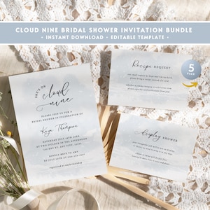 Cloud Bridal Shower Invitation Set, Bride On Cloud Nine 9 Bachelorette Hen Party Invite, Recipe Request Card, Display Insert Printable BR10