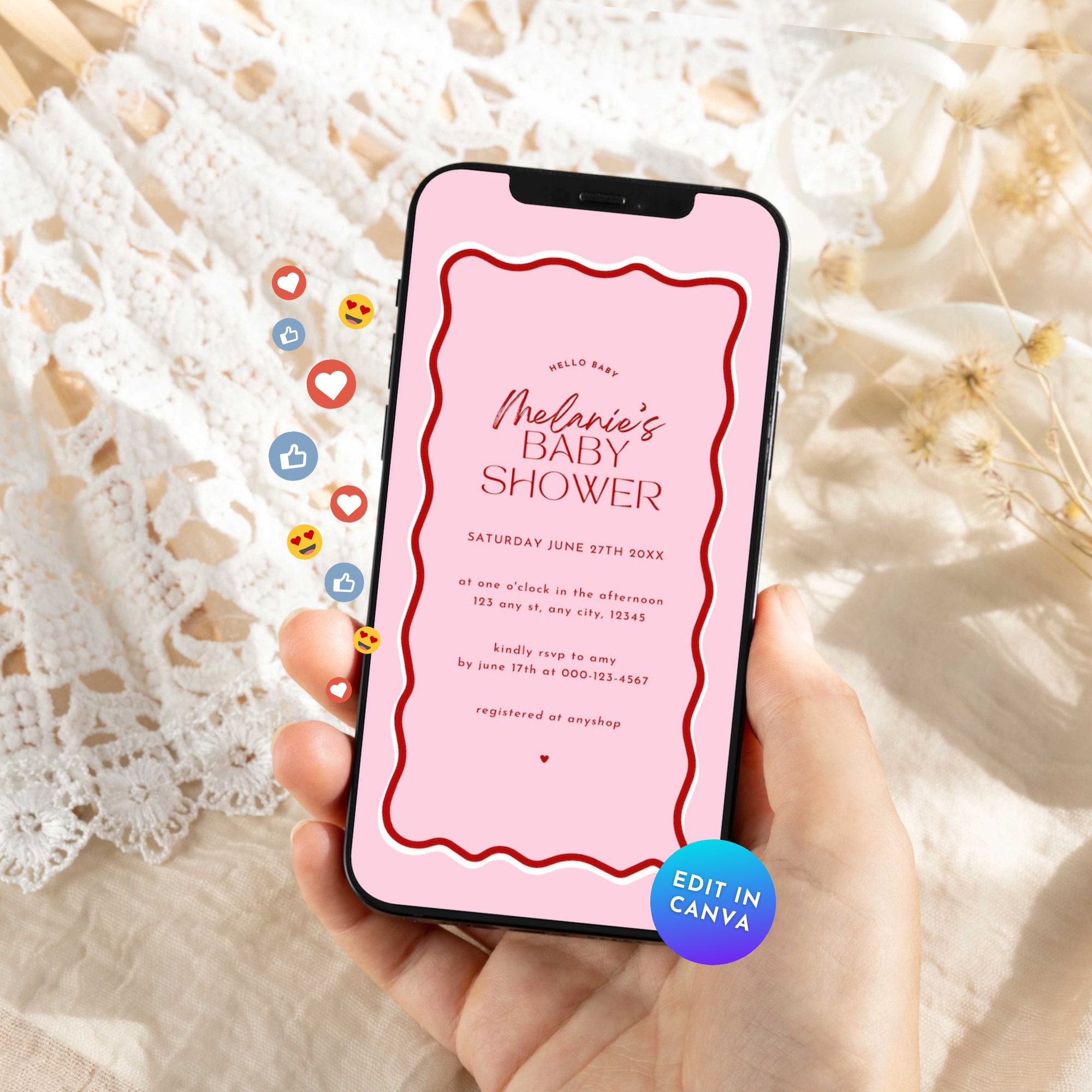 Wavy Baby Shower Phone Invitation, Editable Retro Pink \u0026 Red Wave Border  Modern Hello Baby Mobile Invite, 70s Gender Reveal Text Evite BS50 - Etsy, image size:2000x2000