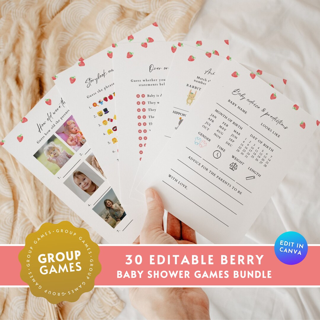 Strawberry Baby Shower Game BUNDLE, Editable Pink Berry Sweet Baby