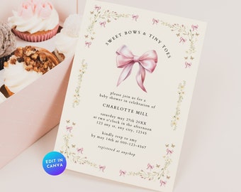 Pink Bow Baby Shower Invitation, Pastel Pink Ribbon Party Baby Shower Invite, Blush Floral Lace Baby Girl Sprinkle Template Printable BS85