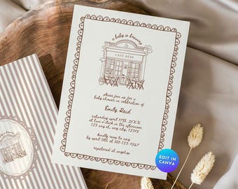Coffee Baby Shower Invitation, Cafe Bebe Baby Shower Invite, A Baby Is Brewing Baby Shower Card, Paris Old Money Aesthetic Coffee Shop BA10