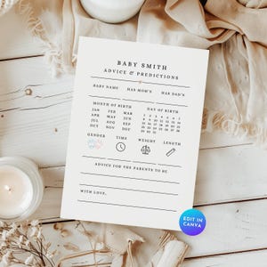 Personalised Minimalist Baby Shower Predictions & Advice Game, Editable Baby Wishes For Mom Printable Card, Time Capsule Party Activity BS05