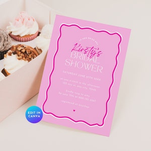 Retro Wavy Border Bridal Shower Invitation, Editable Pink Wave Border Modern Her Bride Era Bachelorette Party Hen Do Invite Printable BR21