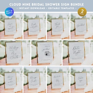 Cloud Nine Bridal Shower Signs Bundle, Editable Cloud Nine 9 Bachelorette Hens Party Decor Table Sign Printable Dusty Blue Package Set BR10