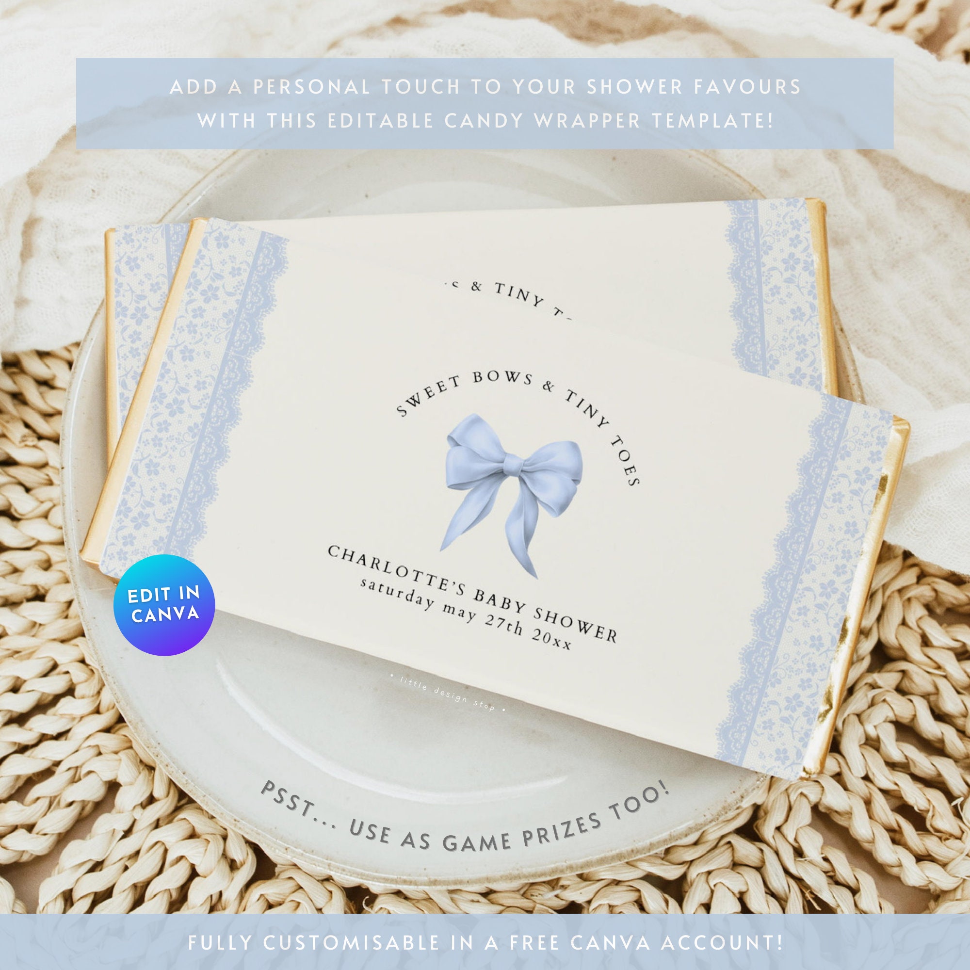 Blue Bow Baby Shower Chocolate Bar Wrapper, Blue Ribbon Coquette Baby ...