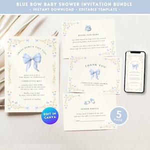 May include: Blue and gold baby shower invitation bundle with a blue bow and the text "Sweet Bows & Tiny Toes". The invitation includes a thank you card, a diaper raffle card, and a book request card. The bundle includes 5 cards.