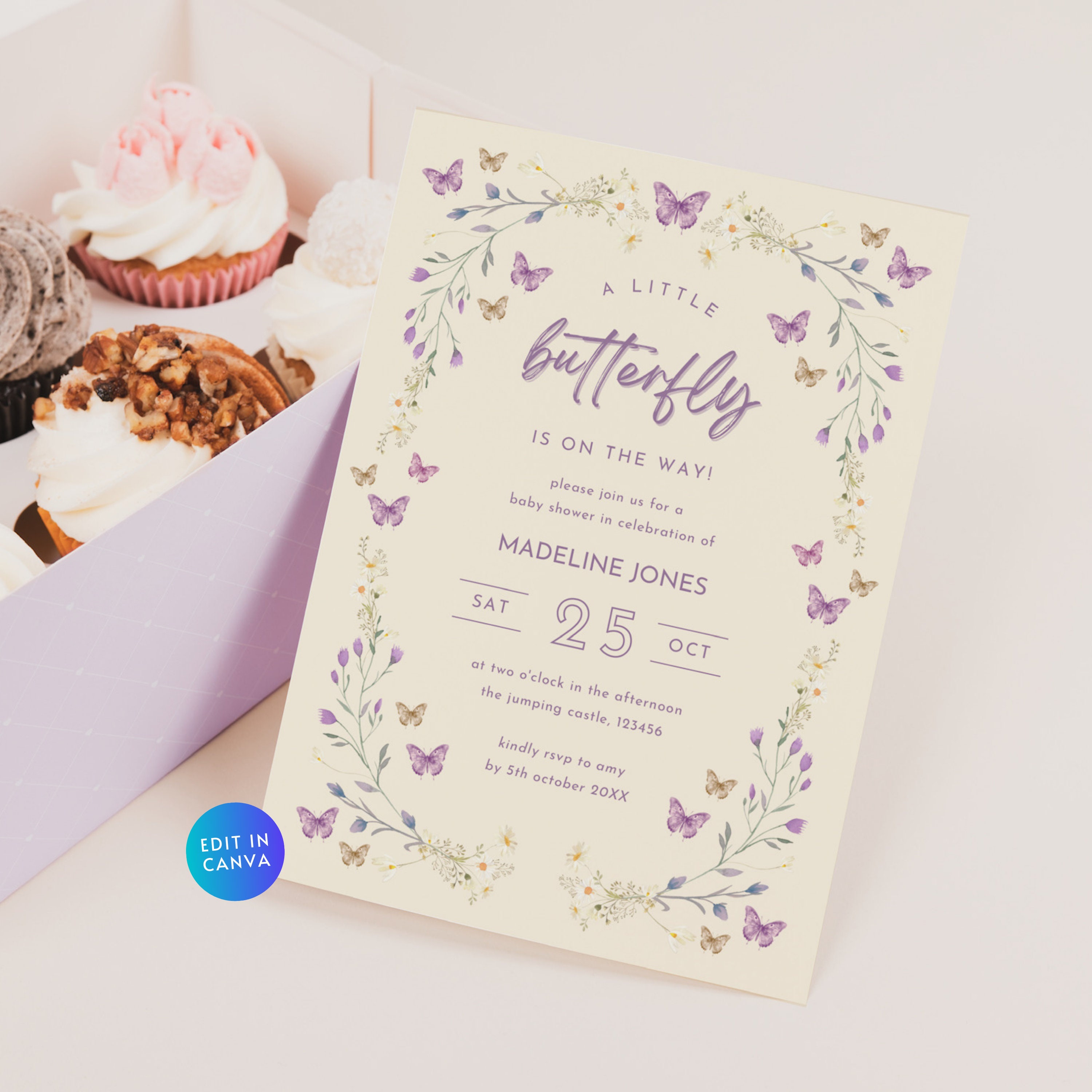 Butterfly Baby Shower Invitation, Editable Purple Wildflower Floral Baby Shower Invite Sip n See, Butterflies Boho Printable Template BS60