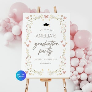 Boho Graduation Welcome Sign, Pink Wildflower Butterfly Graduate Yard Sign Large Poster Entrance Board,Floral Grad Party Decor Template GR10